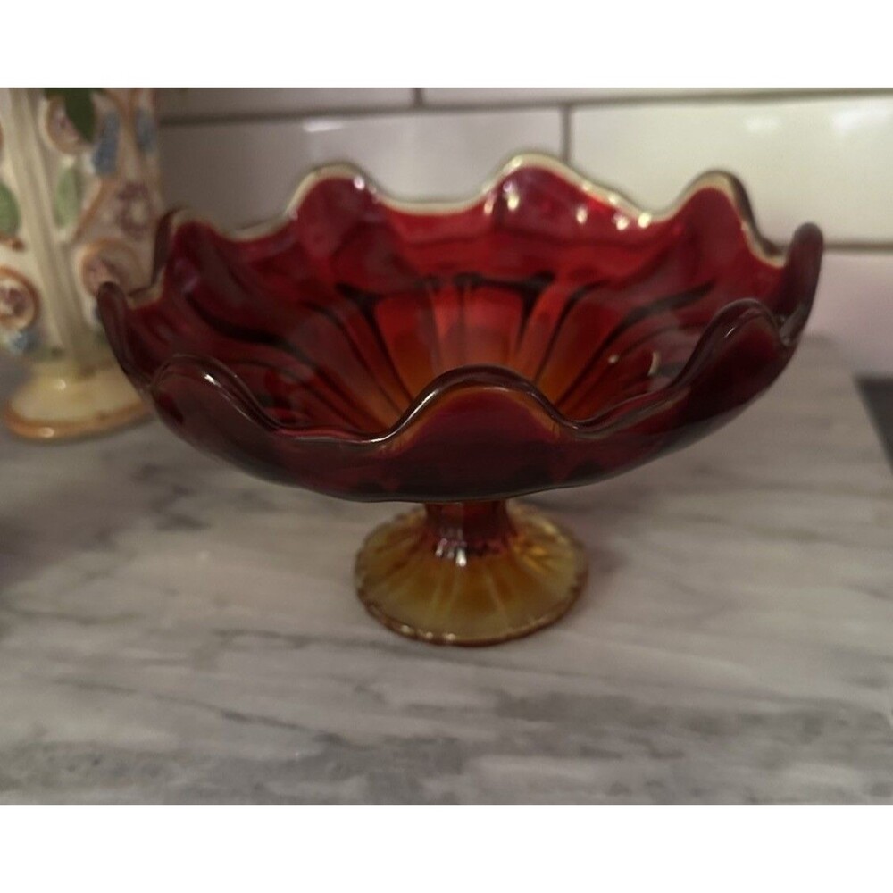 Mid Century VIKING EPIC ART GLASS AMBERINA 6 Petal Footed Bowl Compote UV Glow